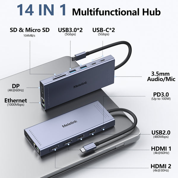 USB C Docking Station Dual Monitor, 14 in 1 Triple Display USB C Hub Multiport Adapter with 2 HDMI 4K,DisplayPort,PD Charging,Ethernet,6 USB C&A Ports,SD/TF, Laptop Docking Station for Dell/HP/Lenovo