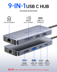 USB C Hub Ethernet, 9 in 1 USB C to Ethernet Multiport Adapter Dongle with HDMI 4K@30Hz, 100W PD Charging, Gigabit RJ45, SD/TF Card Reader, USB A&C 3.0, USB-C Dock for MacBook, Dell, Lenovo, HP