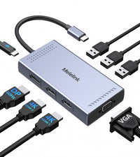 USB C Docking Station Dual HDMI Monitor Adapter, Melelink USB C Hub 3 Monitors Adapter with 2x HDMI 4K,Displayport,VGA,100W PD Charging,3 USB2.0, 8 in 1 Laptop Docking Station for Dell, HP, Lenovo,etc