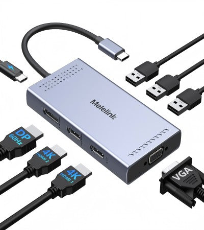USB C Docking Station Dual HDMI Monitor Adapter, Melelink USB C Hub 3 Monitors Adapter with 2x HDMI 4K,Displayport,VGA,100W PD Charging,3 USB2.0, 8 in 1 Laptop Docking Station for Dell, HP, Lenovo,etc